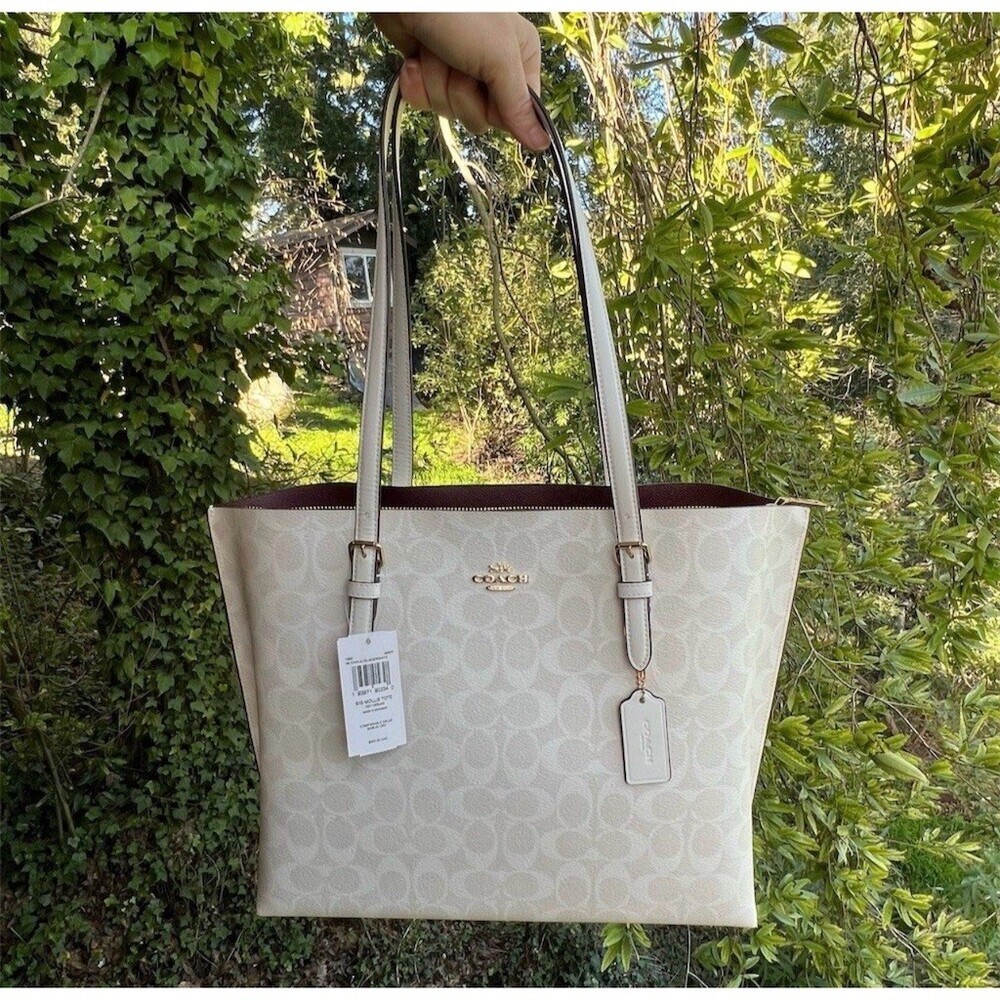COACH Large Mollie Tote Bag Signature Logo Handbag Glacierwhite w Gold Hardware